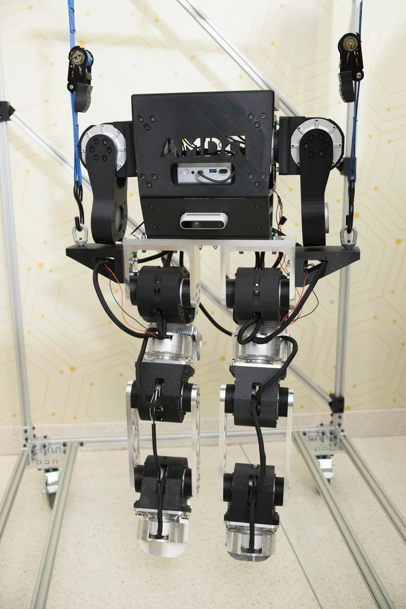 Full view of NEMO’s test platform, onboard AMD computer, hip joints, knees, and feet