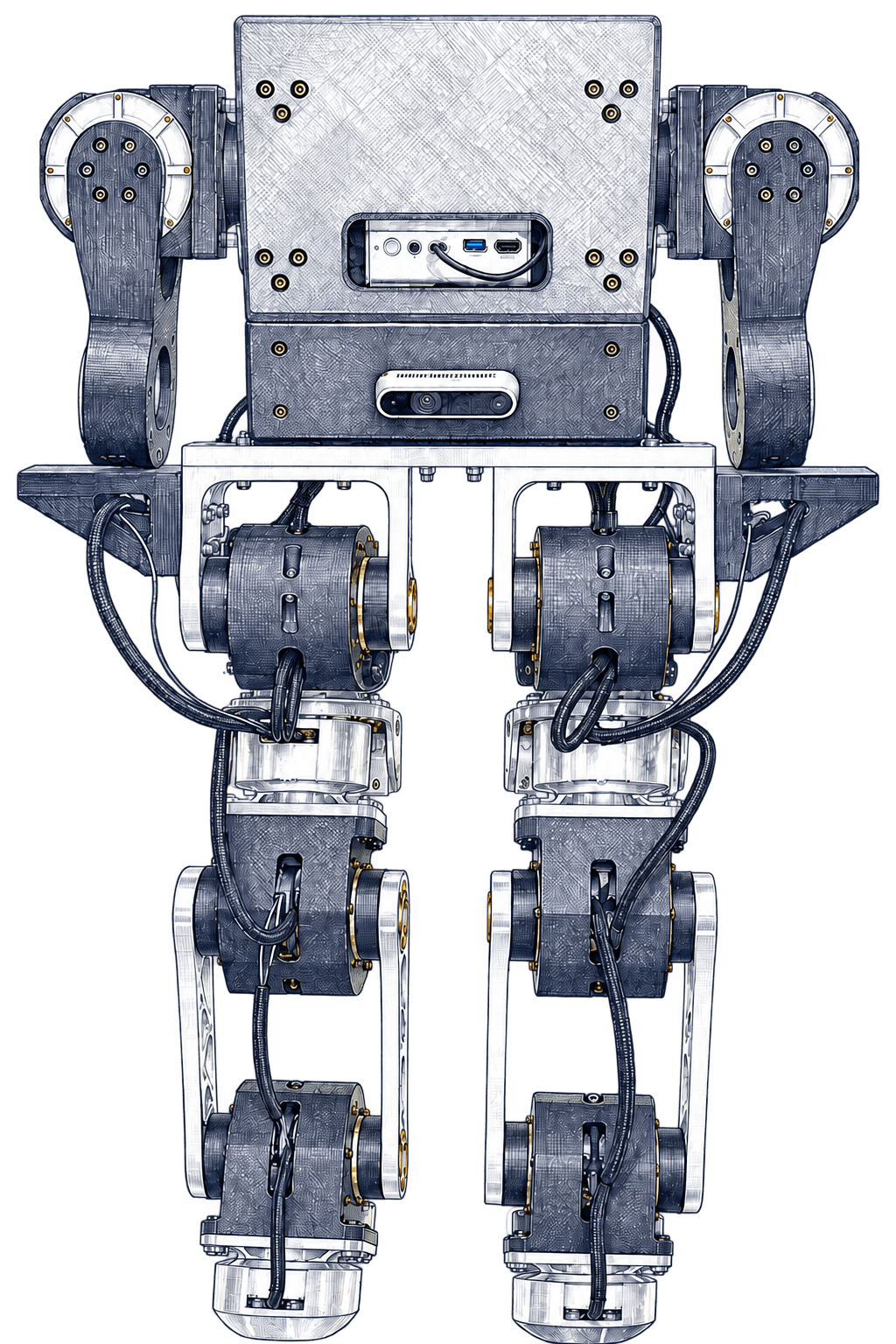 Engineering-style illustration of NEMO’s electronics enclosure, actuators, and leg mechanisms